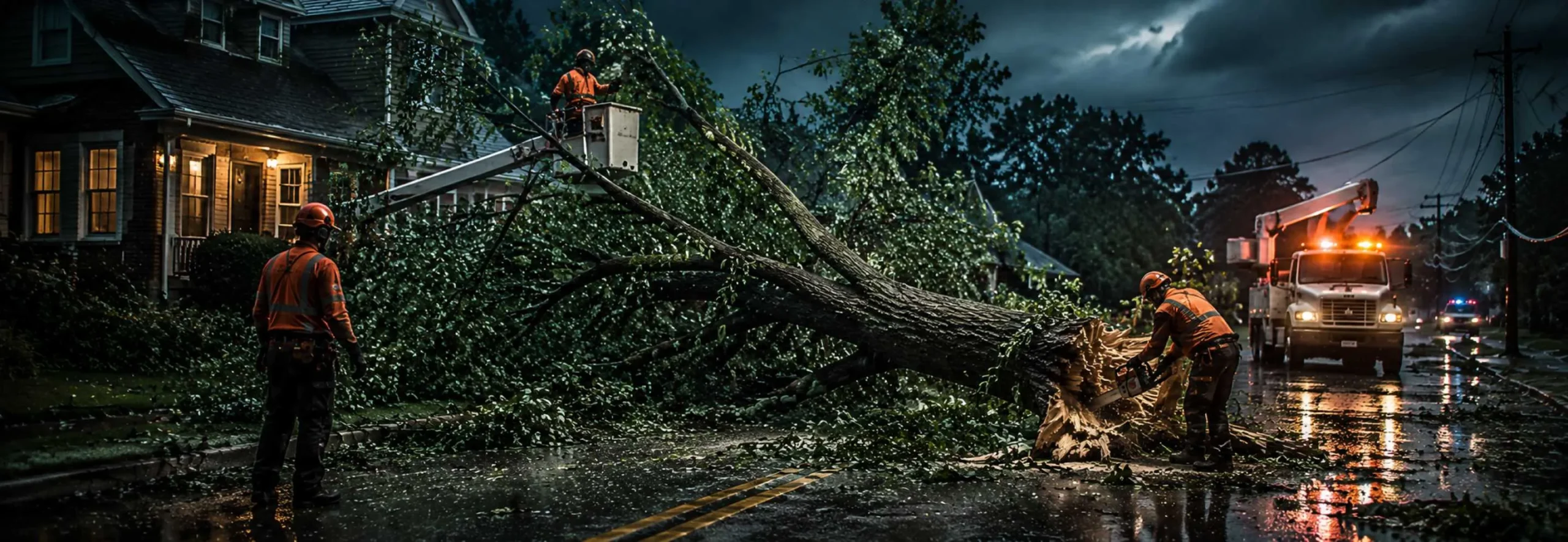 Emergency tree service crew clearing storm damage