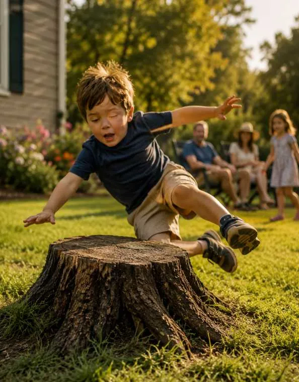 Child running outdoors in a yard