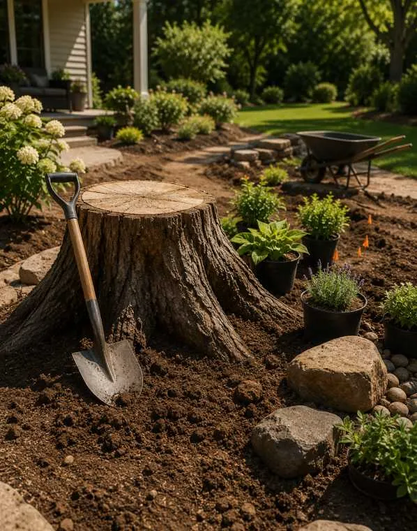 Landscape garden with plants and natural ground cover